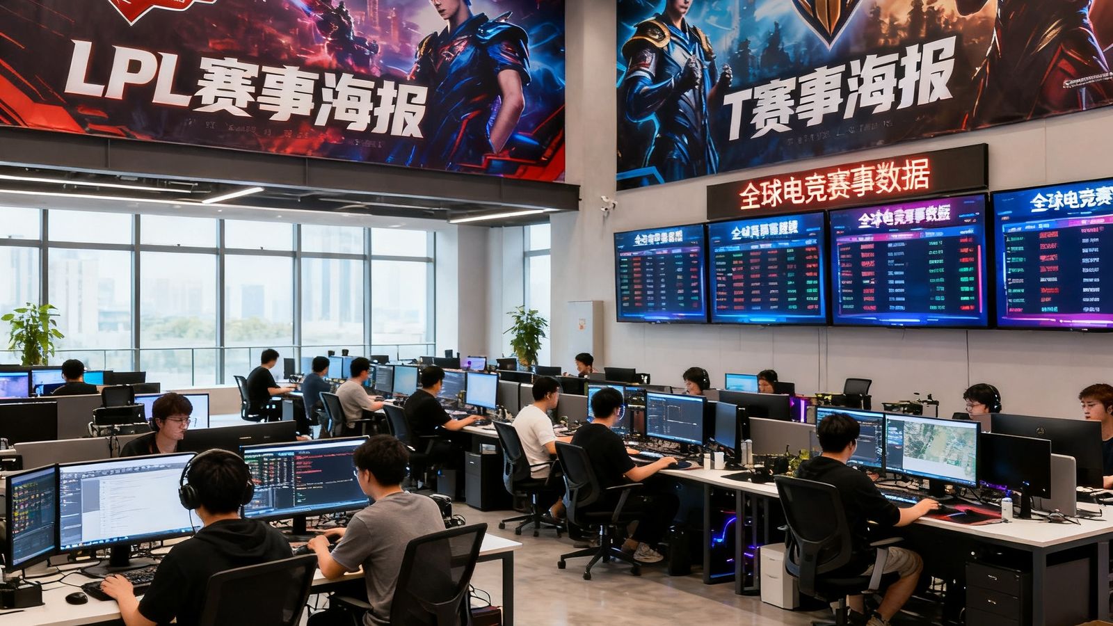 星空电竞上海总部开放式办公区实景，约60名编辑与技术人员在宽敞明亮的空间中协作，墙面上悬挂着巨幅LPL和TI赛事海报，多块大屏幕实时滚动全球电竞赛事数据。