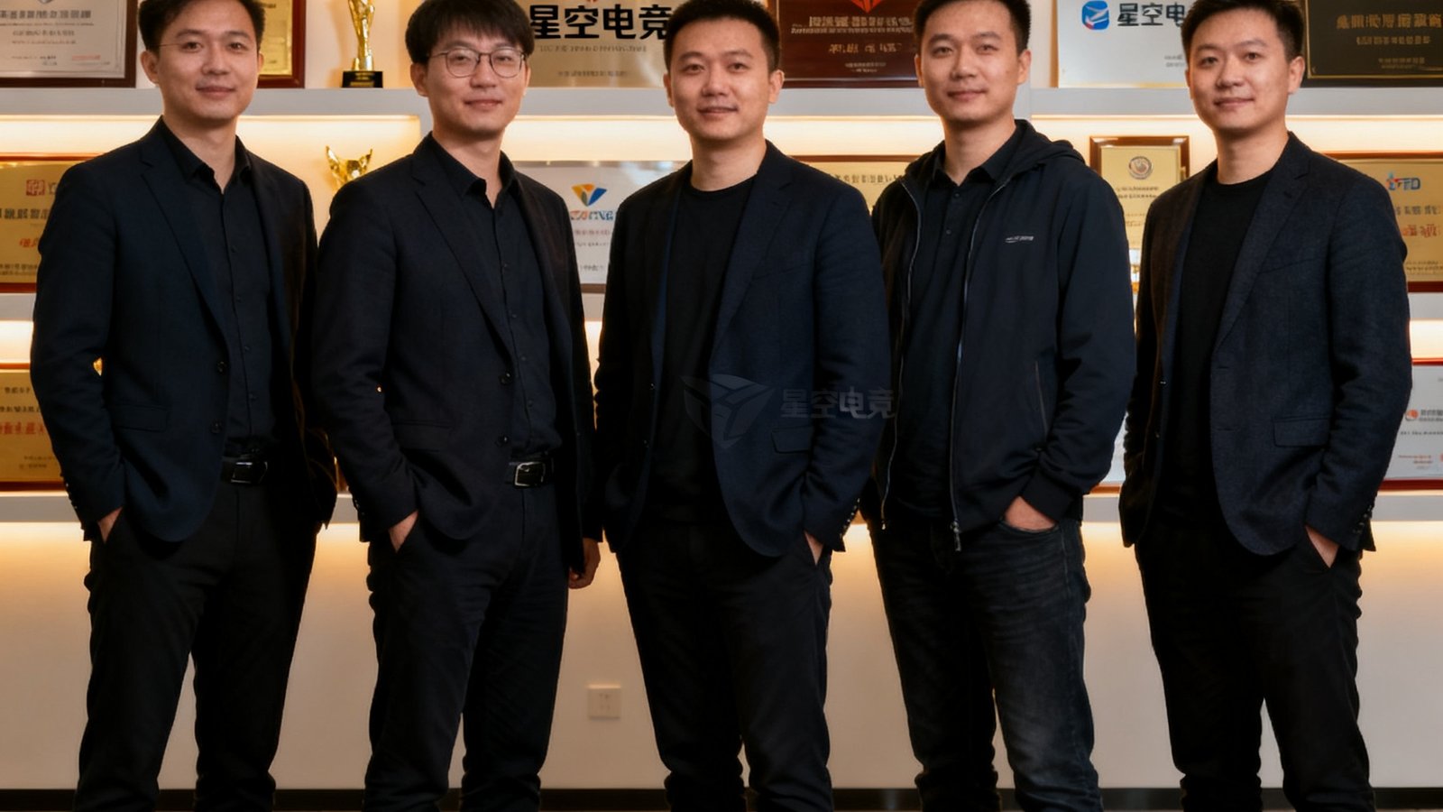 星空电竞核心管理团队五人合影，背景为公司荣誉墙，展示着历年来获得的行业奖项与合作伙伴铭牌，团队成员身着深色商务休闲装，神态自信从容。